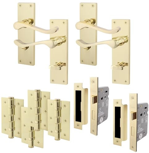 EAI Polished Brass Victorian Scroll Bathroom Door Handle Set | 2 Pairs of Brass Internal Lever Handles on Backplate with Hinges (76mm) & Locks (64mm)