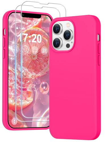 PuyaTeya 3 in 1 Hülle für iPhone 13 pro, mit 2 Stück 9H Panzerglas Premium Liquid Silikon Hülle, mit 4-Layer stoßfesteabriebfestes, Soft Mikrofaserfutter hülle für iPhone 13 pro(Neon Pink)