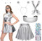Hook 5pcs Alien Kostüm Set, Alien Kostüm Damen Cosplay Metallic Glitzer Outfits Damen Metallischer Faltenrock mit Alien Stirnband, Handschuhe, Brille und Paillettes für Maskerade Karneval, Gr. M
