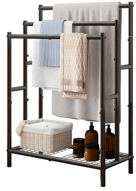 ARFARLY Free standing Towel Rail,3 Tier Towel Rack Metal Towel Holder for Bathroom Laundry Room Bedroom,Industrial Drying and Display Rack with Shelf, Black