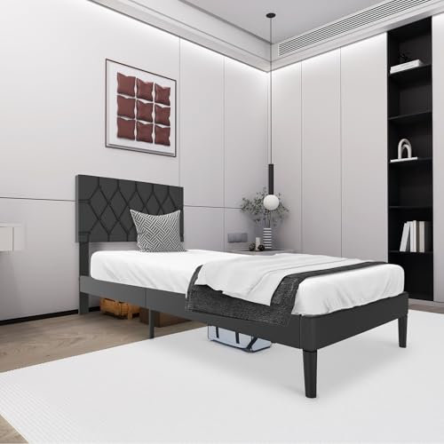 Froadp Polsterbett 90 x 200 cm – Doppelbettgestell mit Holzlattenstütze aus Kunstleder, Gepolstertes Kopfteil mit Knöpfen, Plattformbettgestell für Schlafzimmer, Modernes Design (Schwarz)