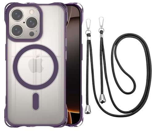CAROKI Crossbody Lanyard Case for iPhone 16 Pro, Ultra Clear Hard Back Magnetic Case Compatible with MagSafe Bumper with Strap Adjustable Neck Cord Necklace Cover for iPhone 16 Pro-Purple