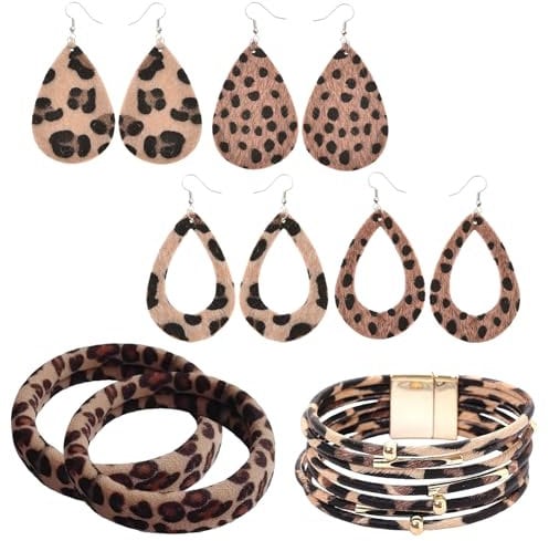 Roinaid 4 Paare Ohrringe Leopardenmuster,Mehrschichtig Leo Armband,Schmuckset Leopardenmuster Halskette,mit 2 Haarbänder Leopardenmuster,Leoparden Schmuck Geeignet für Damen und Mädchen