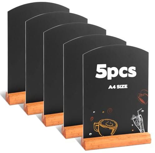 5 Stück A4 Kreidetafel, 21x30cm Desktop Tafel mit Holz Sockel zum Beschriften, Doppelseitig Tisch Kreidetafel für Preisschilder Nachrichtenschilder Buffet Schilder Restaurant Cafés Hochzeiten Partys