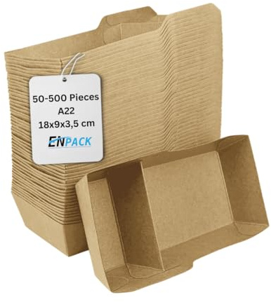 Enpack Snackschale A22-500 Snackschalen aus Kraftkarton - Einweg Pommesschalen - Pommes-Frites-Trays - Snack Container - Fingerfood Schiffchen mit 2 Fächer beschichtet - abbaubar 9x18x3,5 cm