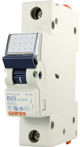 1 disjoncteur automatique Gewiss GW92208 B20 série 90 | 1 pôle type B | 230 V CA | 20 A | Capacité de coupure 6 kA | IP2X | Rail DIN | Protection contre les surintensités et les courts-circuits |