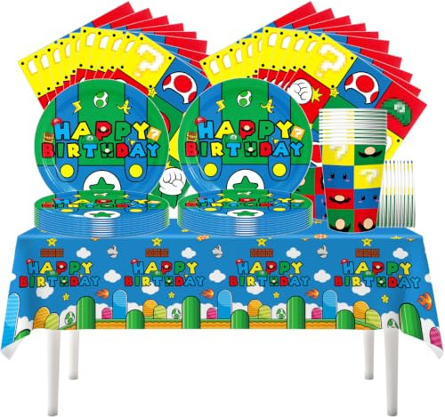 Fuwraixis Superbrüder Partygeschirr, 61 Stück Kinder geburtstag Geschirr, Super Brothers Party Dekorations set, Einschließlich Teller, Tassen, Servietten und Tischdecken