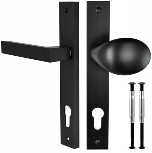 ALSTEN TECH Türbeschlag Drückergarnitur Türgriff Langschild Aluminiumguss Mattschwarz PZ 92 mm Abstand 195 mm Klinke links Knauf rechts für Außentüren Gartentore Hoftüren