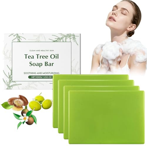 Tea Tree Oil Soap Bar for Body & Face, Natural Foot & Body Soaps for Healthy Skin, Odor Control & Daily Refreshing Cleanser, Herbal Cleansing Soaps, Gentle Bod/y Cleanser Bar for Women & Men (4pcs)