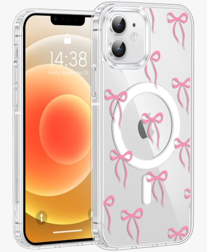 Jkvare for iPhone 12/12 Pro Case, Crystal Clear Aesthetic Pattern Wireless Magnetic Protective Phone Cover for Women Girls - Chic Bows