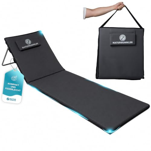 NATURBUMMLER Strandliege klappbar Cloud Lounge+ 2.0, 180 cm, nur 2 kg | Rückenlehne stufenlos verstellbar, Kissen & Mesh-Tasche, Packmaß 60 x 54 cm, Trageschlaufe, 600D Oxford