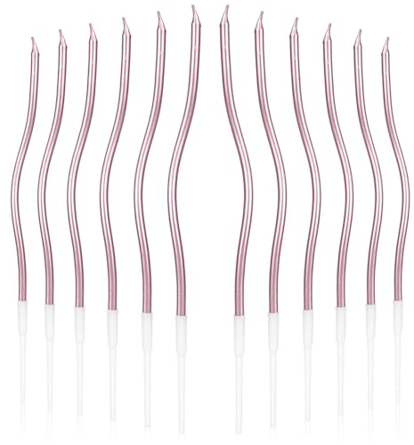 lasuroa 12stk Spiral-Kerzen für Kuchen, Gedrehte Dünne Lange Geburtstagskerzen mit Halter für Party, Hochzeit, Jubiläum, Cupcake-Deko (Rosa)