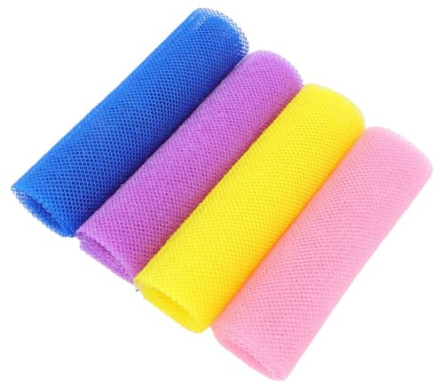 TOGEVAL 4 Stück Teiliges Nylon Peelinghandtuch Elastischer Netzkörper Scrubber für Dusche und Sauna Effektives Hautpeeling Schnelltrocknendes Dehnbares Körperreinigungstuch in Blau Gelb