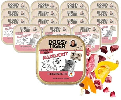 Dogs'n Tiger Allerliebst Nassfutter Katze Schale, Rind & Leber, 16x 100g | Katzenfutter nass, Alleinfutter, hoher Fleischanteil, getreidefrei, ohne Zuckerzusatz, ohne Konservierungsstoffe