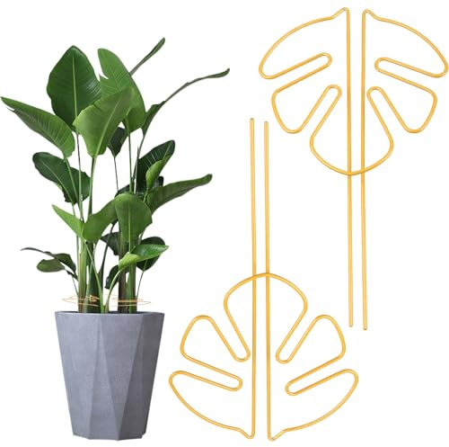 XIANJIA 4 Stücke Pflanzenstütze Staudenhalter, Pflanzenstützpfähle | Pflanzenstütze für Zimmerpflanzen Gold, Rankhilfe, Pflanzenstützeim Blattdesign, Klettergerüste für Topfpflanzen