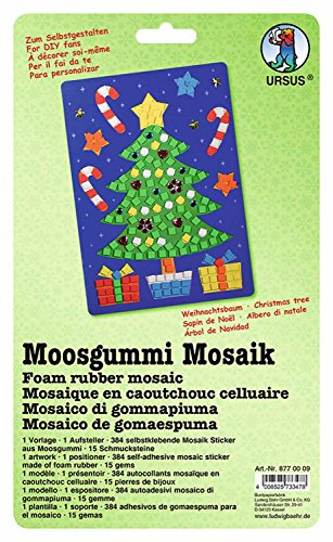 Ursus 8770009 - Moosgummi Mosaikbild, Weihnachtsbaum, ca. 23 x 16 cm, Set mit vorgedrucktem Motiv, Aufsteller, 384 Moosgummi Sticker in 6 Farben und 15 Schmucksteine