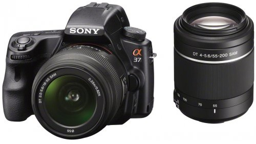 Sony SLTA37 16.1MP Translucent Mirror Technology Interchangeable Lens Camera with 18-55mm and 55-200mm Lens Kits - Black