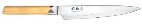 KAI Seki Magoroku Composite Cuchillo multiusos con hoja de 15 cm - Acero inoxidable SUS420J2 56 HRC / Acero VG 10 61 HRC - Mango de madera de Pakka de color claro - Hecho a mano en Japón