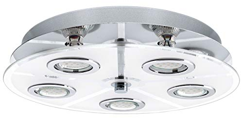 EGLO LED Deckenlampe Cabo, 5 flammige Deckenleuchte, Deckenstrahler aus Edelstahl und satiniertem Glas, Wohnzimmerlampe in Chrom, Weiß, Klar, Küchenlampe, Flurlampe Decke mit GU10 Fassung, Ø 35 cm