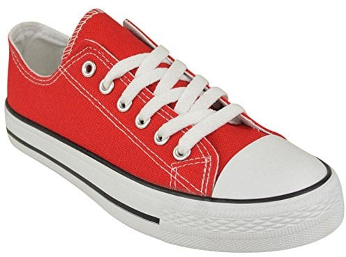 MyShoeStore® LADIES CANVAS SHOES WOMENS GIRLS SHOES CASUAL LACE UP RETRO PLIMSOLLS PLIMSOLES LOW TOP FLAT GYM SPORTS TRAINERS LIGHTWEIGHT SNEAKERS FASHION PUMPS RED SIZE EU38 UK5