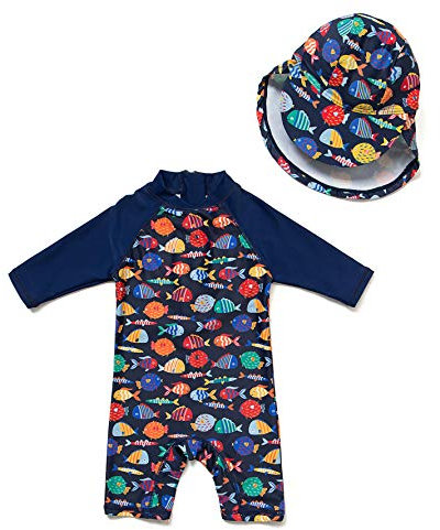 BONVERANO Bañador Recién Nacido Manga Corta Protección UV 50+ con Gorro(Azul-pez,9-12meses