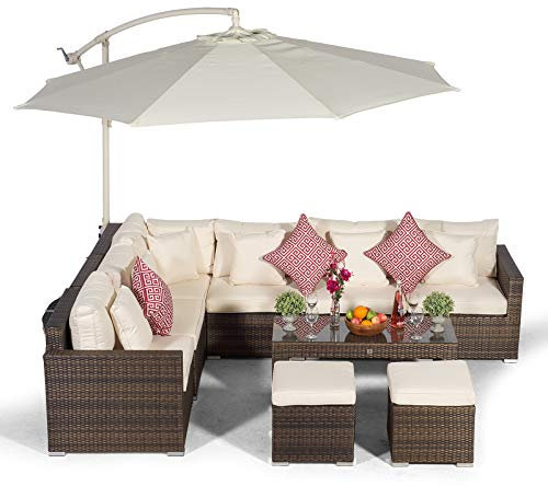Giardino Havana 6 Seater Brown Rattan Corner Sofa Set with 2 Stool Coffee Table + Parasol + Lounger & Outdoor Furniture Cover | L Shaped Outdoor Corner Sofa | 10 pcs Patio Poly Rattan Garden Sofa Set
