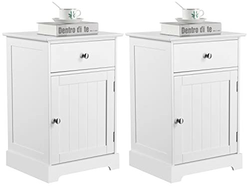 Yaheetech Lot de 2 Tables de Chevet en Bois Blanche, Tables de Nuit 1 Tiroir, Etagère Intérieur Réglable, Chambre Salon, 40 x 35 x 60 cm