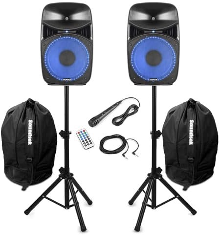Vonyx VPS102A 10 Bluetooth Active Party Speaker System with Built-in Light Show, Adjustable Stands, Microphone & Protective Bags – 600W Home Audio Setup for Parties & Gatherings