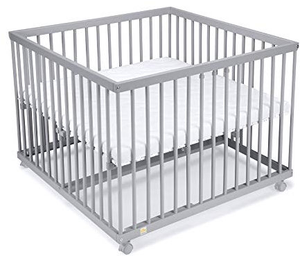 FabiMax Baby Laufgitter 100x100 Grau lackiert, stufenlos höhenverstellbar, mit Schlupfsprossen, Laufstall aus massivem Buchenholz (Matratze Classic)