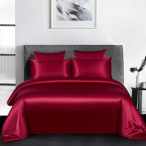 AShanlan Bettwäsche Set Satin 135x200 Burgunderrot Uni Einfarbig Deckenbezug 100% Glatt Angenehm Glanzsatin Polyester - 1 Bettbezug 135 x 200 + 1 Kissenbezug 80 x 80 cm