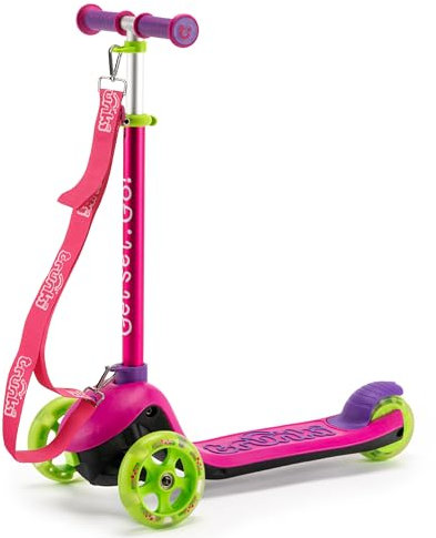 Trunki Folding 3 Wheel Kids Scooter for Girls with Tow and Carry Strap and Storage bag | Adjustable Handle Bar Height | Small Pink Scooter for Kids Ages 2-6 | (56x28x63-78cm)
