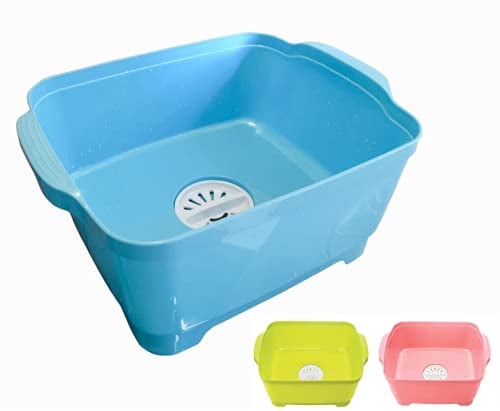 Blue Rectangular Washing Up Bowl with Drainer Plug - Large Size, 12 Litre Capacity - Camping Set, Cream, Black, White, Red
