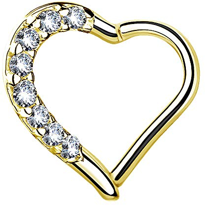Segment Clicker Scharnier Ring Piercing Herz mit Kristall Glitzer Septum Tragus Helix Nase Lippe Nasenring Nasenpiercing Ohr Knorpel Daith - Gold | rechts