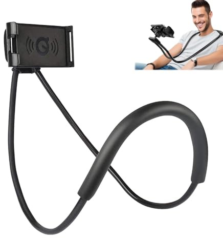 Handy-Ständer zum Aufhängen am Hals, Juerly Freisprech-Handyhalterung umhängen, zum Anklemmen am Bett oder Tisch, 360° drehbar, Halterung für iPhone Tablet, 70 cm Länge für 11,9 - 19,6 cm Bildschirm