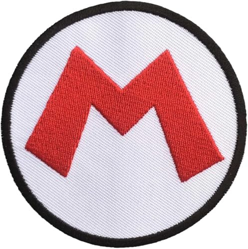 smileth M-Logo Mario Größe rund 7,6 cm zum Aufnähen oder Aufbügeln bestickt für Kleidung, Jacken, Rucksäcke, Jeans