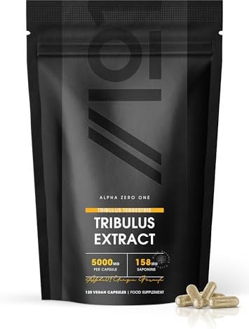 Tribulus Terrestris-Extrakt 5000 mg – hochwirksame 95% Saponine – 120 vegane Kapseln (Vorrat für 4 Monate) – von Alpha01