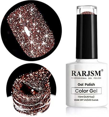 RARJSM Reflective Glitter Gel Polish,Flash Dimond Caramel Brown Gel Nail Polish Winter Colors Sparkly Shiny Gel Nail Art UV LED Curing Need NailGel for Manicure DIY and Nail Salon 7.5ML