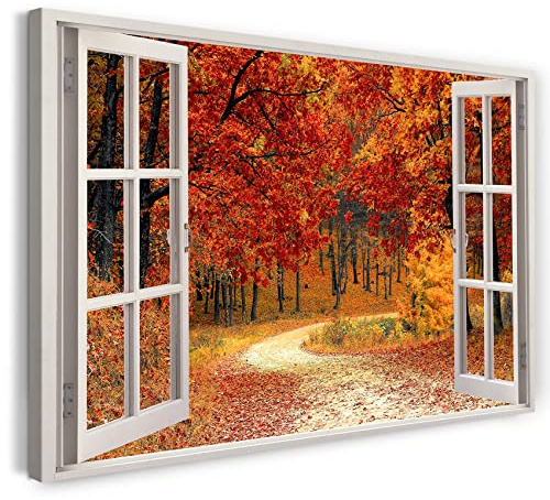 Printistico Bilder Fensterblick 100x70cm Baumwoll-Leinwand auf Keilrahmen mit Aufhänger moderner Kunstdruck XXL Wandbilder Wand-Dekoration Wald Weg Natur Blätter Herbst - Natur-Fotografie