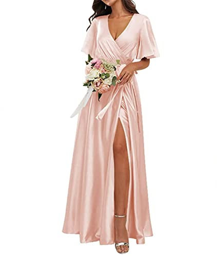 KURFACE Abiti da damigella d'onore da sposa Wrap V Neck Flutter Sleeve Abiti da sera formali per le donne, Rosa cipria, 54