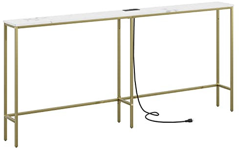 SONGXIN Tavolo consolle da 180 cm con presa di corrente, moderno divano lungo stretto dietro il divano, tavolo da ingresso skinny con struttura in metallo dorato per ingresso, soggiorno, corridoio,