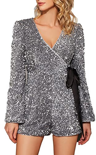 EXTRO&VERT Pailletten-Strampler für Damen, glitzernd, einteiliger Overall, langärmelig, Disco-Party-Outfit, silber, XX-Large