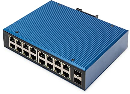 DIGITUS Switch di rete - 18 porte Gigabit Ethernet - 16x RJ45 + 2x porta SFP - Non gestito - 10/100/1000 Mbit/s - Montaggio su guida DIN e a parete - IP40 - Serie industriale - Blu