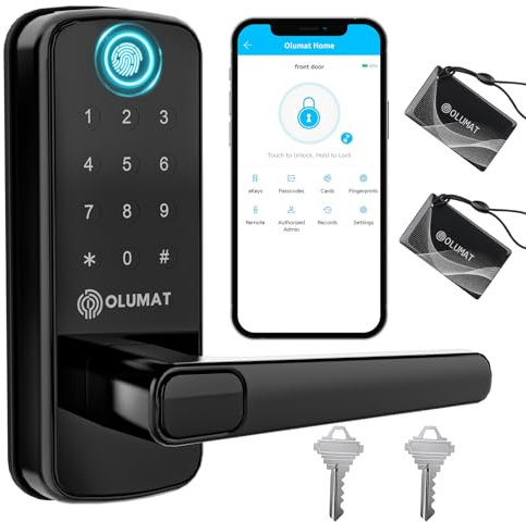 OLUMAT - Cerradura inteligente para puerta de entrada sin llave, cerradura de puerta de huellas dactilares con teclado, cerradura de puerta digital biométrica con asa para el hogar, alquiler, oficina