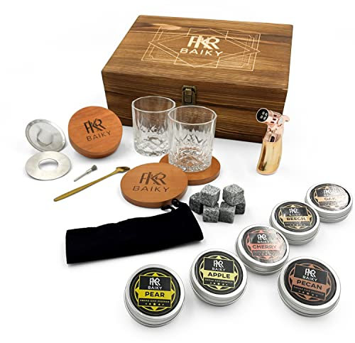 Whiskey Smoker Kit with Torch for Men, Husband and Dad. Unique Bourbon Smoked Set with Glasses & Accessories for Smoking Old Fashioned, Bourbon, and More (no Butane). BAIKY