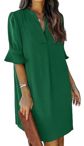 JOCAFIYE Frauen Sommer Kurzarm Kleider V-Ausschnitt Casual Flowy Swing Party Club Mini Kleid Dunkelgrün L