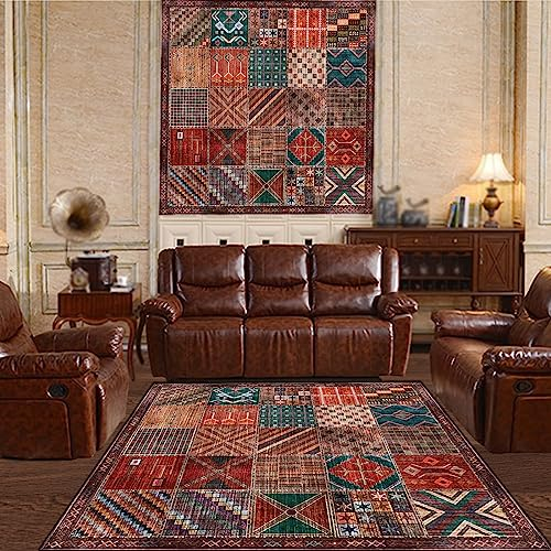 Rug-QJDDUP Kurzflor Teppiche Quadratisch 200 x 200 cm für Großes Wohnzimmer Dekor, Bunter, Rot, Orange, Braun, Grün, Blau, Gelb, Rosa, Mehrfarbig Patchwork Vintage Muster Wohnzimmerteppich