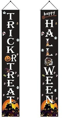 Lahviuu Halloween Banner, 2 pcs, Black, 180 x 30 cm, Trick or Treat Porch Sign, Home/Garden Decor