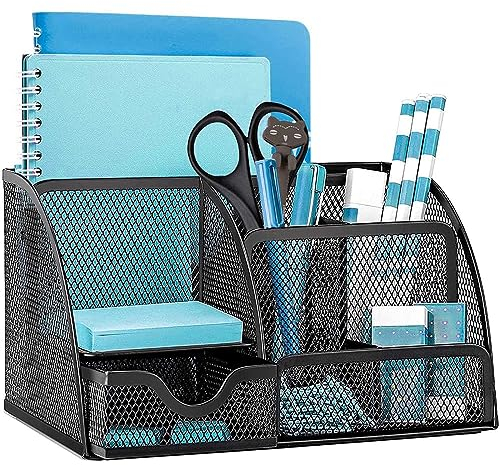 Mukoiber Schreibtisch Organizer, Mesh Metall Büro-Organizer mit Schublade und Stifthalter, 6 Sortierfächer für Stifte,Metall Tisch Organizer Office Schul Stifte Platzsparende Organisation