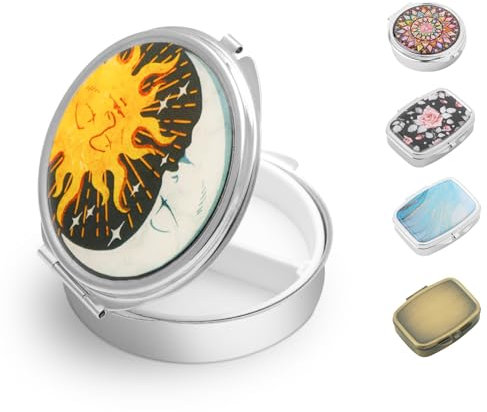 Pillendose Klein für Unterwegs, Tragbarer Pille Organizer für Medizin Fischöle Vitamine, Metall Nette Reise Geldbeutel Tasche Tablettenbox Halter (Sonne und Mond)