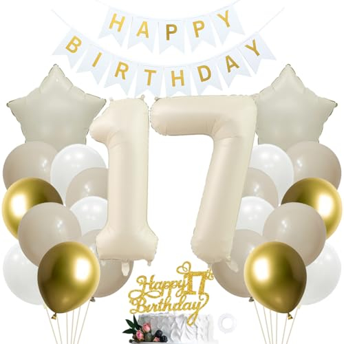 SNOWZAN 17. Geburtstag Deko Mädchen Junge - Weiß Gold Party Set Mit Kuchen Topper - 17th Birthday Decorations für 17 Jahre Geburtstagsdeko
